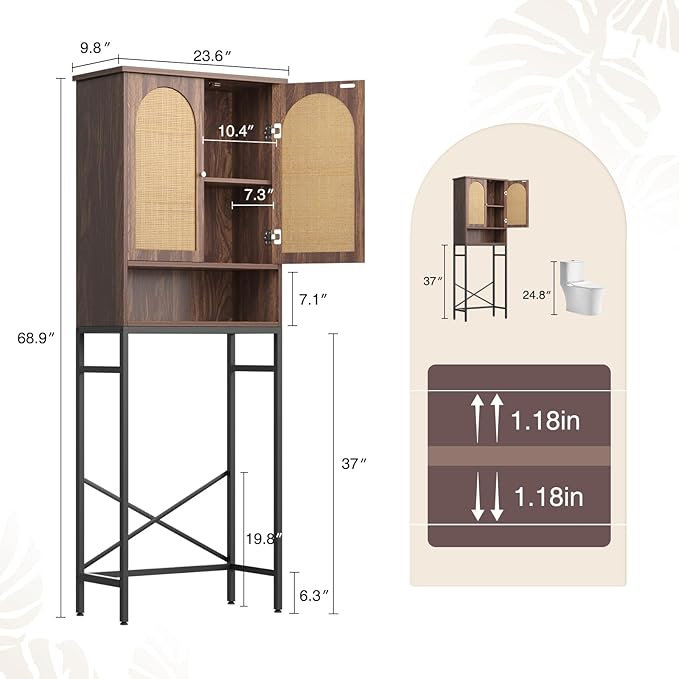 Rattan Toilet Storage Cabinet, Over The Rack Wood Cabinet with Metal Stand, Bathroom Organizer with Adjustable Shelf, Space Saving Cupboard for Small Bathrooms, Washer Shelf, Dark Brown