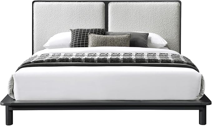 Nord Queen Size Wood Platform Bed | Box Spring Not Required | Black Frame and Cream Beige Boucle