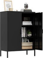 Metal Locker Storage Cabinet, Accent Sideboard Cabinet with Adjustable Shelves for Home Office, Garage, Kitchen, Living Room (Black, 40" H-Metal Doors)