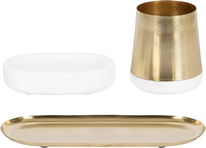 Kate and Laurel Koni Modern Glam Three-Piece Tabletop Organization Set, 12 x 6 x 5, White Marble and Gold, Marble and Metal Organizational Set for Office or Entryway Decor
