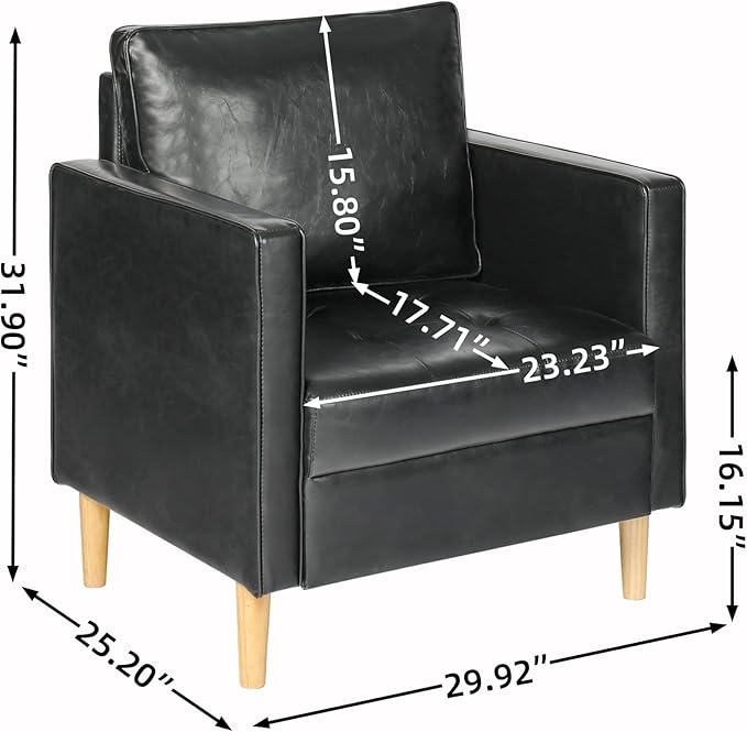 STHOUYN Faux Leather Comfy Black Accent Arm Chair Single Sofa Living Room, Bedroom Chair Reading Chairs for Adults, Suitable for Small Spaces Office Couch, Easy Assembly