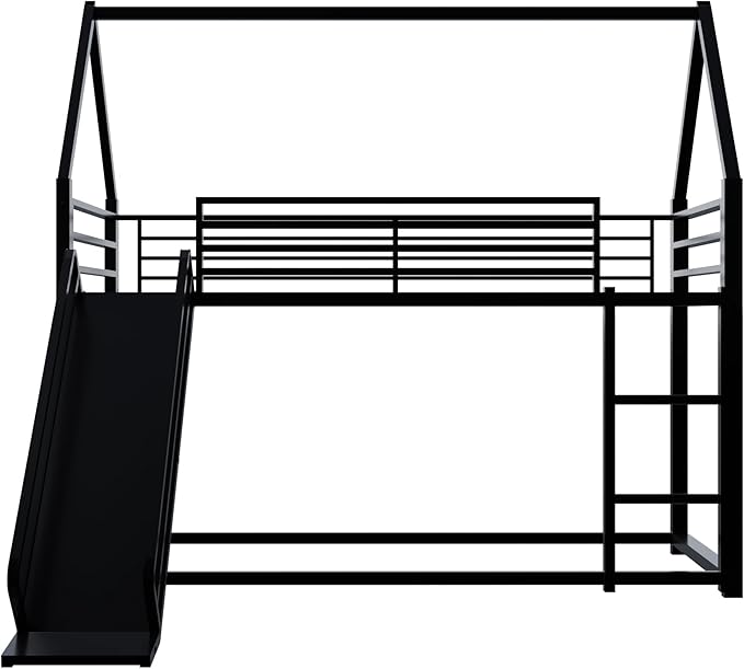 Twin Over Twin Bunk Bed with Slide,House Shaped Bedframe w/Ladder, Heavy Duty Low Bunk Bed Frame with Guardrail,No Box Spring Needed & Easy Assemble(Black)