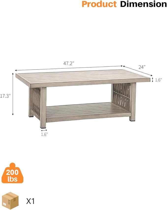 Outdoor Coffee Table, Aluminum Rope Weave Patio Coffee Table, Weatherproof Outside 2-Tier Rectangle Outdoor Patio Furniture for Garden, Pool, Outside, Decks, Gray Oak