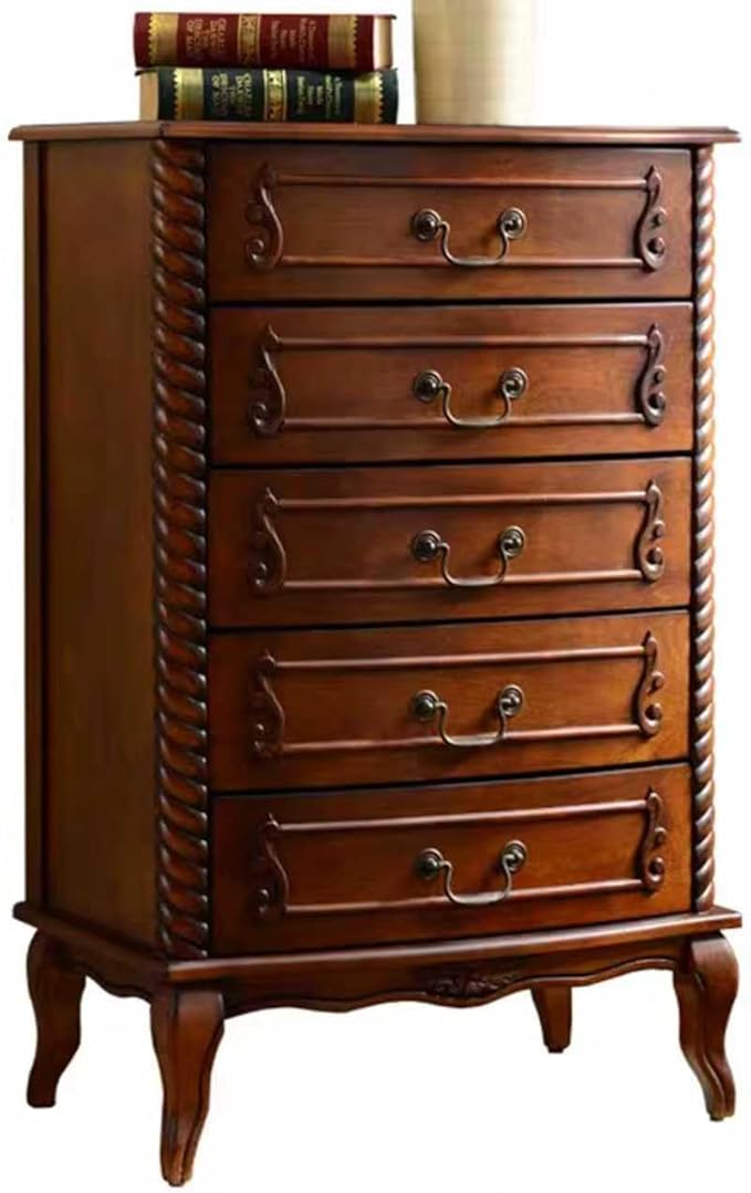 Fully Assembled Solid Wood 5 Drawer Dresser for Bedroom Tall Chest of Drawers Wood Storage Dresser with Metal Handle for Living Room Hallway Entryway, 15.74" D x 24" W x 37.4" H, Walnut