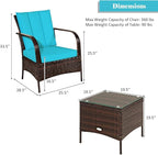 COSTWAY 3 Pieces Patio Rattan Furniture Set, Outdoor Conversation Chair Set with Coffee Table & 2 Cushions for Backyard, Porch, Poolside, Lawn, Garden, Turquoise