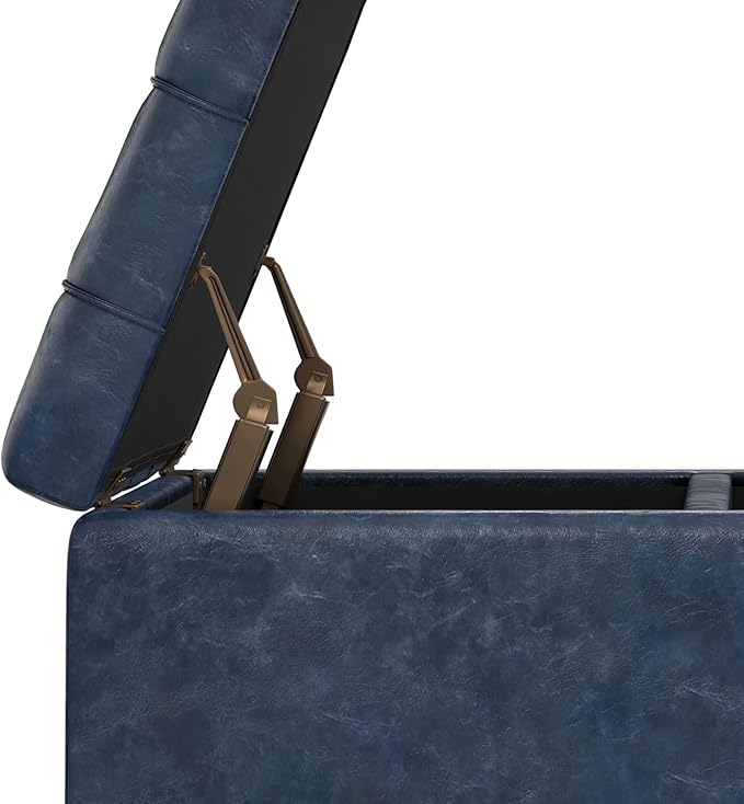 SIMPLIHOME Harrison 30 inch Wide Transitional Square Small Coffee Table Storage Ottoman in Denim Blue Vegan Faux Leather, Assembled, for The Living Room and Bedroom