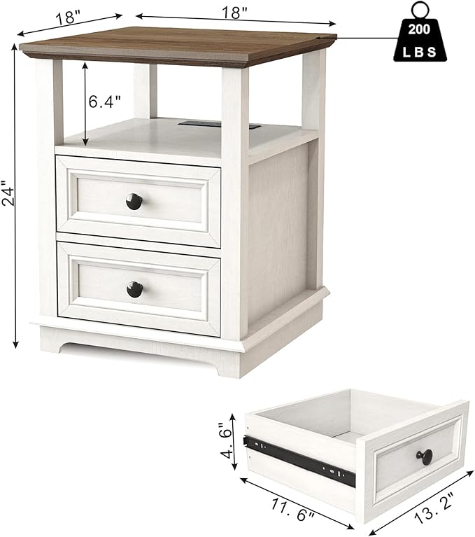 18" Wide End Table with Fast Charging Station Set of 2, 18” Wide Sofa End Table with Drawers,Storage Rustic Wood Storage Cabinet,Sofa Table for Living Room,White