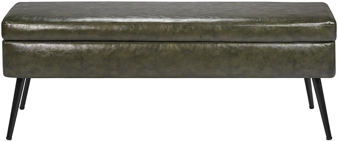 VEVOR Leather Storage Ottoman Bench, PU Leather Bench with Storage and Metal Legs, Modern Shoe Benches Seat for Entryway, Upholstered End of Bed Benches for Living Room, Dining Room, Hallway, Green