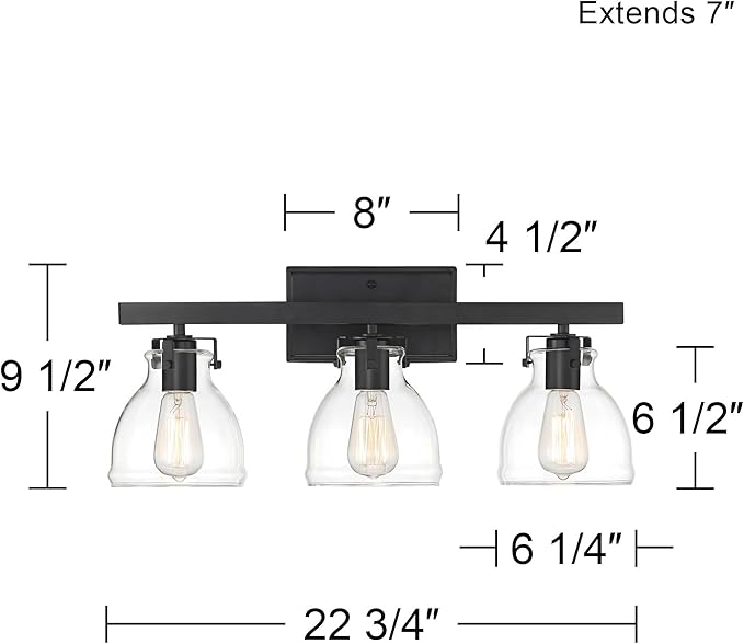 Possini Euro Design Bellis Modern Industrial Wall Light Black Hardwired 22 3/4" 3-Light Fixture Clear Curving Glass Shade for Bedroom Bathroom Vanity Living Room Home Hallway Dining Kitchen House