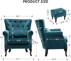 Accent Reading Arm Chairs with Ottoman Set of 2 for Living Room Bedroom, Midcentury Modern Corner Sofa Chair, Wingback Waiting Room Club Chair with Tufted Back &Lumbar Pillow, Velvet Teal