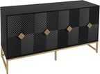 Sideboard Buffet Cabinet with Storage - Accent Storage Cabinet with Doors, Wood 4 Doors Cabinet with Metal Legs, 60" Buffets & Sideboards, Modern Credenza for Living Room (Black)