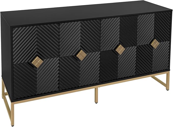 Sideboard Buffet Cabinet with Storage - Accent Storage Cabinet with Doors, Wood 4 Doors Cabinet with Metal Legs, 60" Buffets & Sideboards, Modern Credenza for Living Room (Black)