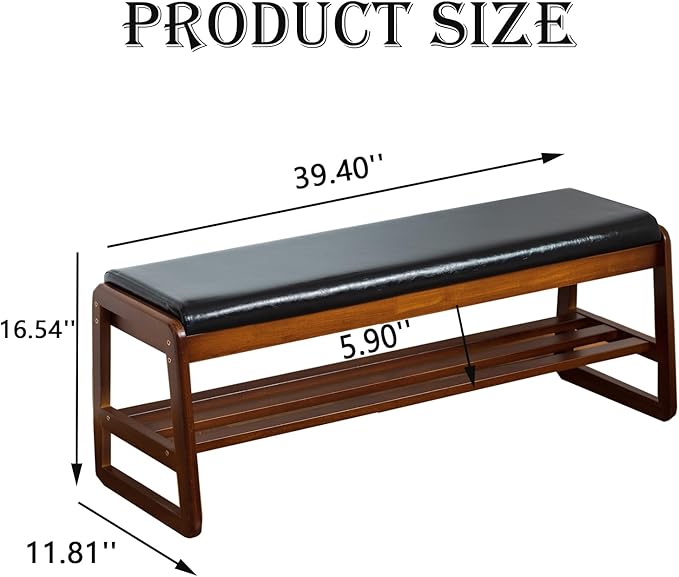 latifolia Solid Wood Bench, Entryway Shoe Bench with Cushion, 2 Tier Shoe Storage Organizer for Hallway, Living Room(Black,39.70''L)