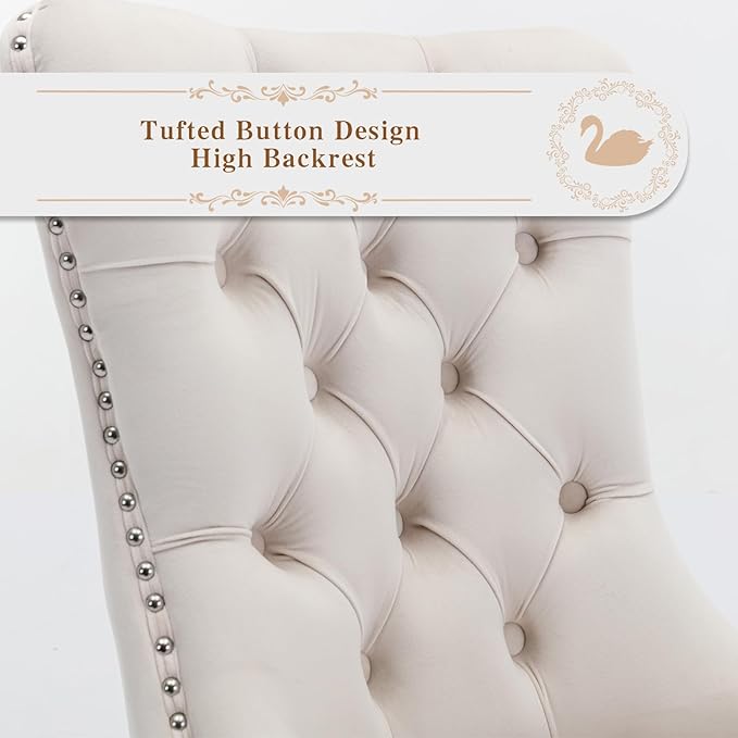 Velvet Upholstered Dining Chairs Set of 8, Modern Style Kitchen Side Chairs with Nailhead Trim and Silver Plated Leg, Metal Pulling Ring for Dining Room Living Room(Creamy White)