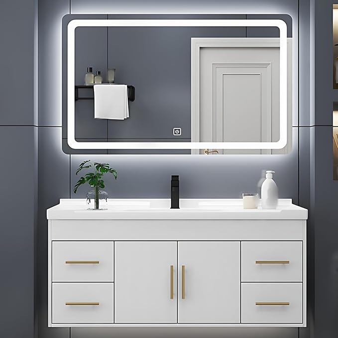 64IN Modern Bathroom Vanity - LED Intelligent Mirror Cabinet Includes Time Display & Defogging | Bathroom Cabinet with Sink & Open Storage Compartments, Ceramic Washbasin, 4 Drawers (Style B)
