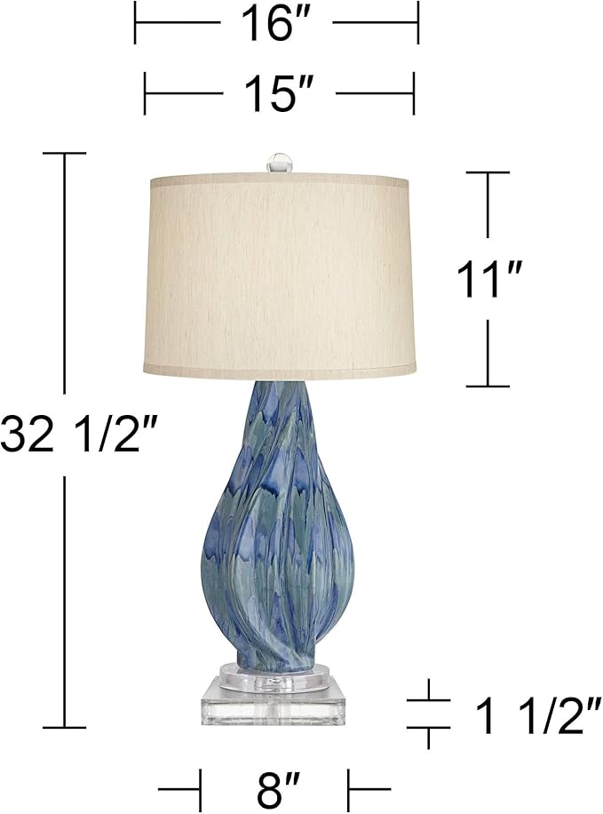 Possini Euro Design Teresa Coastal Modern Table Lamp with Square Riser 32.5" Tall Blue Teal Drip Ceramic Beige Drum Shade Living Room Bedroom House Bedside Nightstand Home Office (Color May Vary)