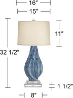 Possini Euro Design Teresa Coastal Modern Table Lamp with Square Riser 32.5" Tall Blue Teal Drip Ceramic Beige Drum Shade Living Room Bedroom House Bedside Nightstand Home Office (Color May Vary)