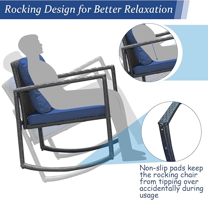 COSTWAY 3 Pieces Patio Rattan Rocking Chair Set, Outdoor Conversation Furniture Sets with Coffee Table, Storage Shelf and Cushions, Modern Bistro Set for Porch, Backyard, Garden, Navy