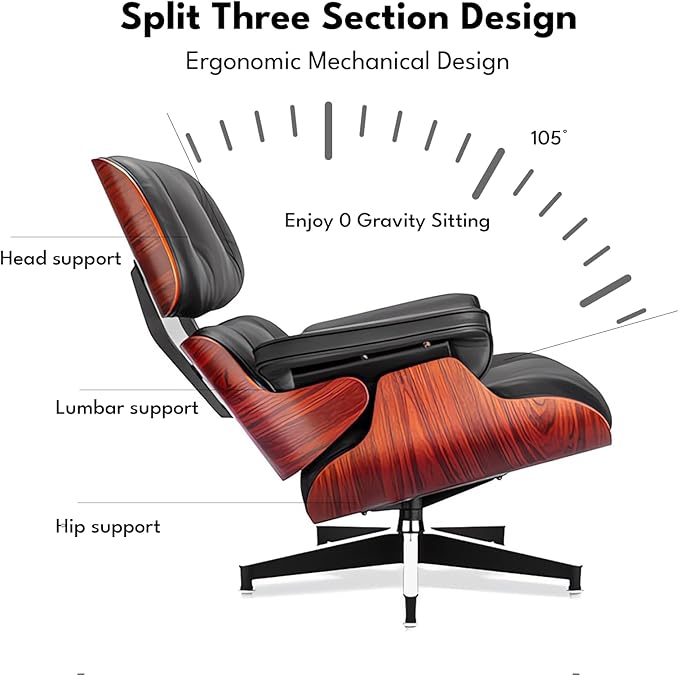 Top Black Grain Leather, Mid Century Chaise Lounge Chair and Ottoman, Modern Chair Classic Design, Heavy Duty Base Support for Living Room Study Lounge Office, Darkrosewood, Heightening