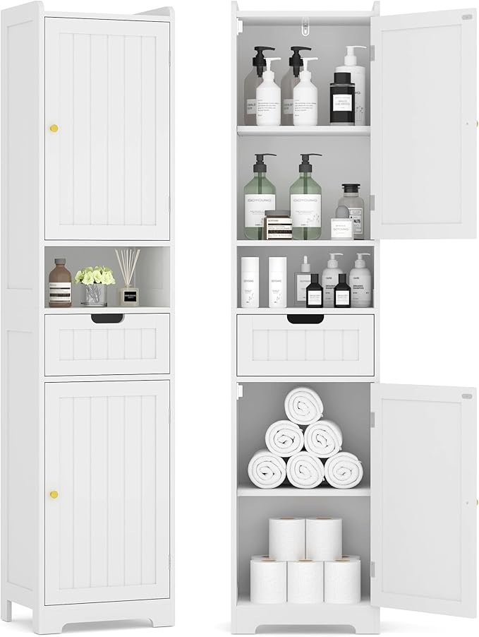 Tall Bathroom Storage Cabinet, 67" Narrow Storage Cabinet with Adjustable Shelves 2 Doors and 1 Drawers Modern Cabinet for Bathroom, Entryway, Living Room, Kitchen (White)