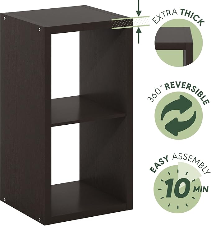 Furinno CUBICLE Book Shelf, 2-Cube Thick Frame Bookshelf, Horizontally & Vertically Reversible Bookcase with Open Back, 14.6 x 15.9 x 30, for Living Room, Bedroom, Home Office, Black Dark Oak