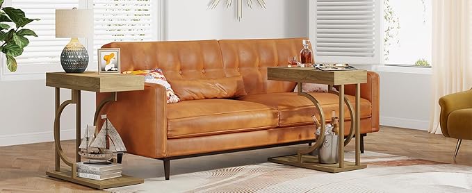 Tribesigns Narrow Side Table C Shaped End Table Modern Bedside Tables for Couch, Small Sofa Chairside Tables with Metal Frame for Living Room (2, Natural+Wood Tones)