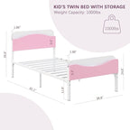 Timy Kids Twin Bed Frame with Bookcase Headboard and Footboard, Metal Platform Bed Frame for Boys Girls Teens, No Box Spring Needed, White and Pink