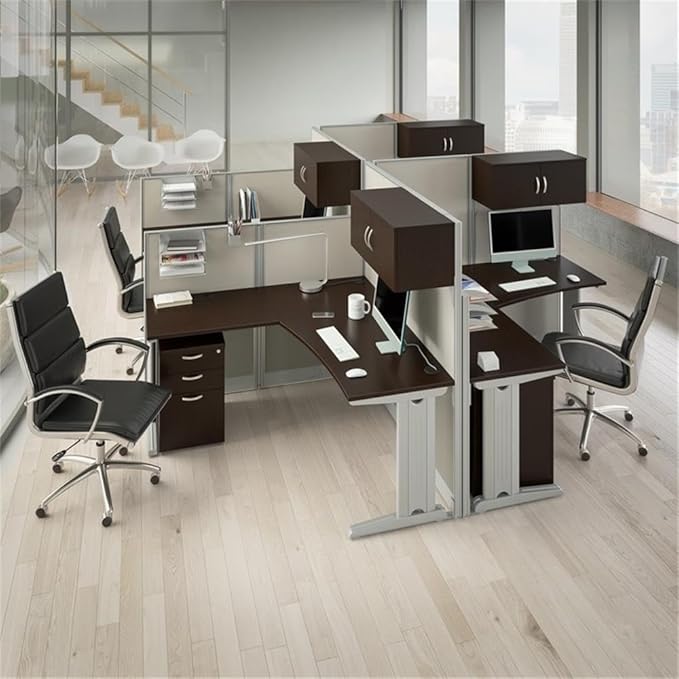 Bush Business Furniture Office in an Hour 65W L Shaped Cubicle Desk with Storage, Drawers, and Organizers in Mocha Cherry | Modern Computer Table Set with Privacy Panels for Commercial Workspace