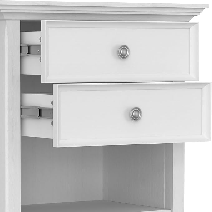 SIMPLIHOME Amherst Bedside Table - 24 inch Wide Solid Wood Nightstand Table in White, Transitional Bedroom Side or End Table with 2 Drawers, Open Storage Shelf and Bronze Hardware