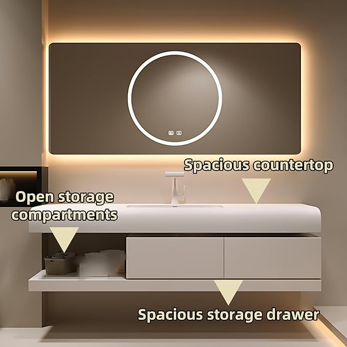 72IN Bathroom Vanity with Sink - Bathroom Cabinet Set has 2 Drawers & Overflow Hole Wall Mounted | LED Practical Defogging Mirror, Open Compartments, Seamless Rock Slab Basin (Khaki)