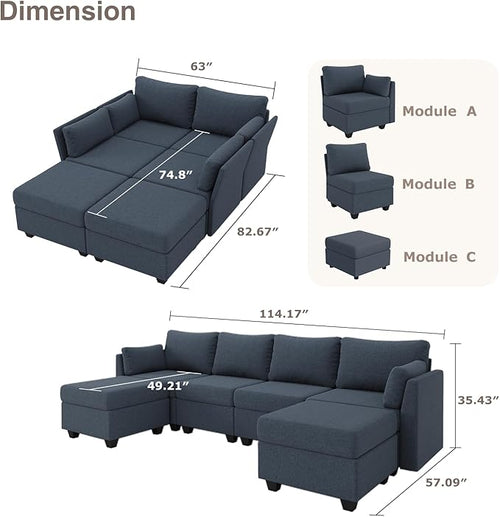 114.17" Modular Sectional Sofa, 6 Seat Sectional Couches with Storage, Memory Foam, Convertible Modular Couch for Living Room, U Shaped Comfy Modular Sofa with Chaise, Blue Grey