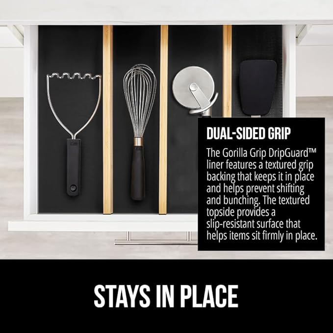 GORILLA GRIP DripGuard Shelf Liner, Non Adhesive Drawer and Kitchen Cabinet Protector, Slip Resistant BPA Free Smooth Surface Plastic Liners for Cabinets, Bathrooms, Closets, 17.5x240 Inch, Black
