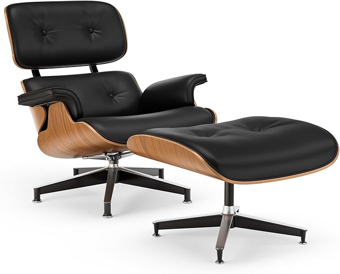 Top Black PU Leather, Mid Century Chaise Lounge Chair and Ottoman, Modern Chair Classic Design, Walnut Wood, Heavy Duty Base Support for Living Room Office