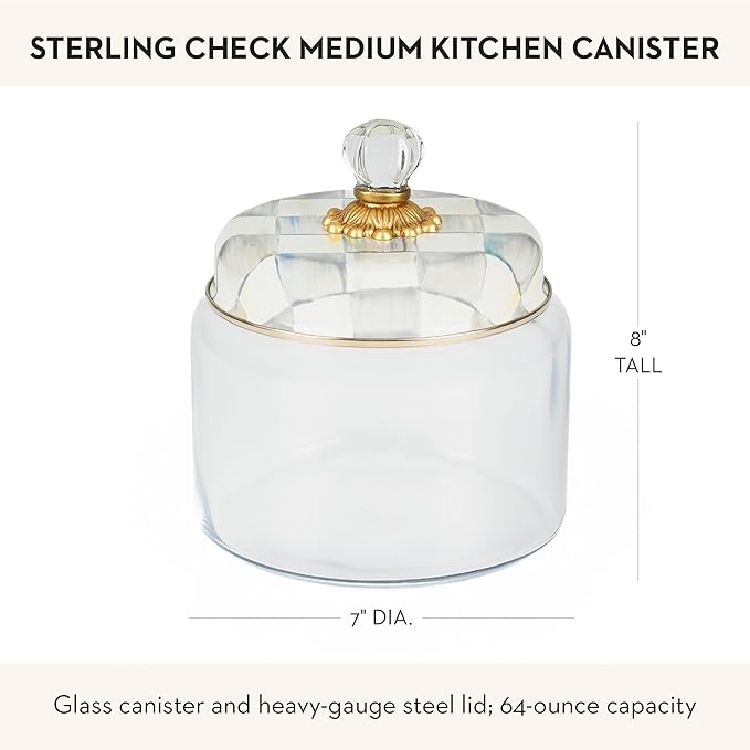 MACKENZIE-CHILDS Sterling Check Kitchen Canister, Decorative Gray-and-White Glass Storage Jar with Lid, Medium