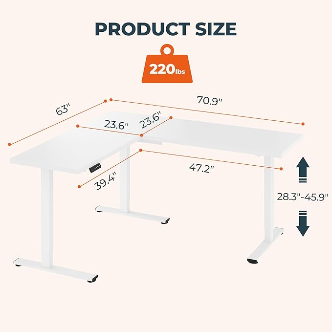 L-Shaped Standing Desk, 71 x 63 Inches Height Adjustable Desk, Sit and Stand up for Work Office Home, Ergonomic Rising Computer Table for Home Office with Splice Board, White