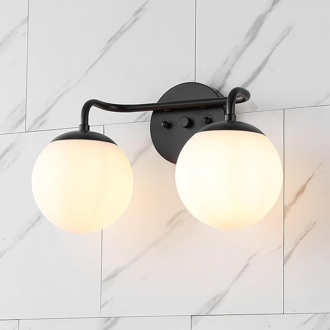 JONATHAN Y JYL3535B Louis Parisian Globe 15" 2-Light Metal/Frosted Glass Modern Contemporary LED Vanity Light Midcentury, Glam, Transitional, Office, Living Room, Dining Room, Bedroom, Black