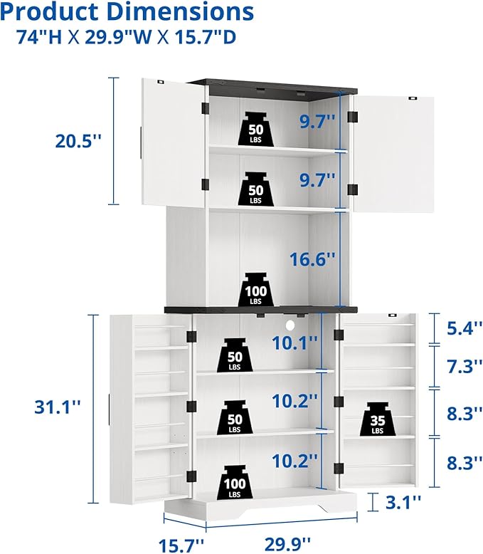 Cozy Castle 74" Farmhouse Pantry Cabinet with Charging Station, Tall Kitchen Storage Hutch Cabinet Coffee Bar Workstation, Sideboard Buffet Cupboard for Dining Room Living Room Furniture, White