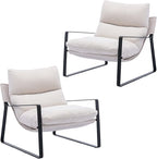 DUOMAY Mid-Century Accent Chair Armchair Set of 2, Comfy Linen Fabric Leisure Chair Lazy Chair with Metal Leg for Living Room Bedroom Office Apartment, White