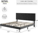 King Size Bed Frame, King Size Platform Bed Frame and Velvet Upholstered Headboard with Strong Wood Slats, Box Spring Optional, Mattress Foundation, Easy Assembly Black