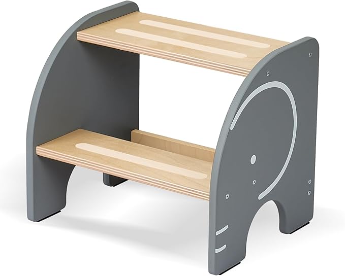 Wooden Step Stool - Two Step Stools Toddler 250 lbs Capacity with Safety Non-Slip Pads - Potty Training Stool for Bathroom Sink, Bedroom, Kitchen Dual Height Step Stools for Kids(Elephant|Gray)