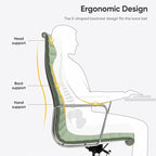 Ribbed Office Chair with Top Grain Leather - High Back Ergonomic Desk Chair with Aluminum Arm Rest and 5-Star Base, Swivel Chairs Light Green