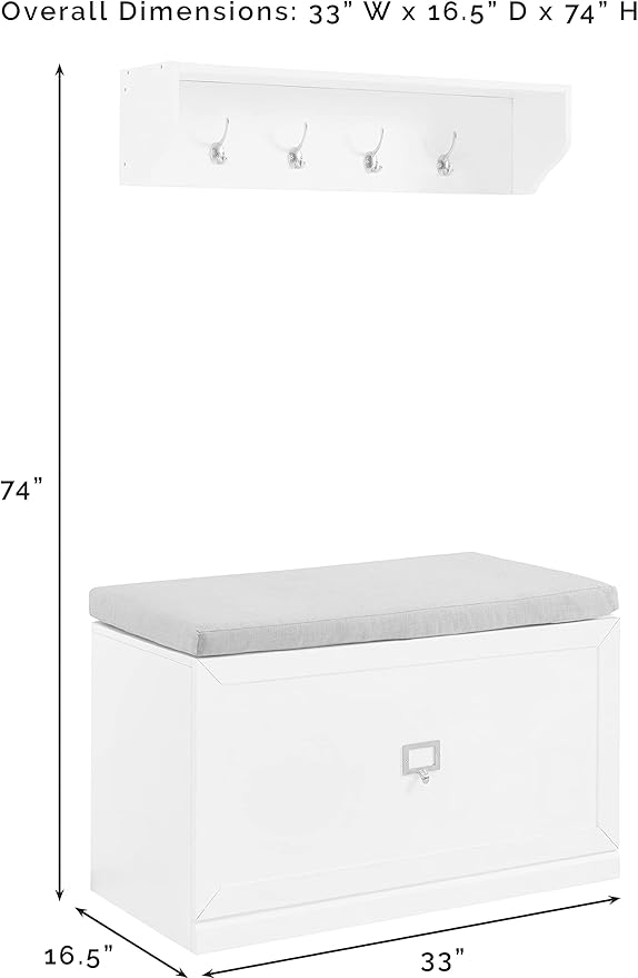 Crosley Furniture Harper 2-Piece Entryway Set with Shoe Rack Storage Bench and Wall Shelf with Coat Hooks, White