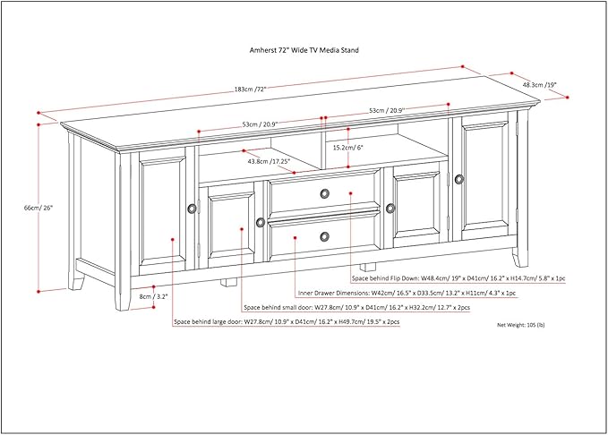 SIMPLIHOME Amherst 72-inch Wide Solid Wood TV Stand in Brunette Brown, Transitional-Style Media Console for Living Room with Cable Management and Adjustable Shelves, Fits 80" TVs