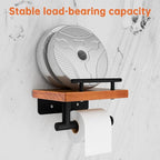 Toilet Paper Holder with Wood Shelf, Wall Mount Toilet Paper Roll Holder with Wooden Shelf and Matte Black Stainless Steel Pipe, Tissue Roll Holder for Bathroom Washroom (Light Brown, 7.9'' x 5.9'')