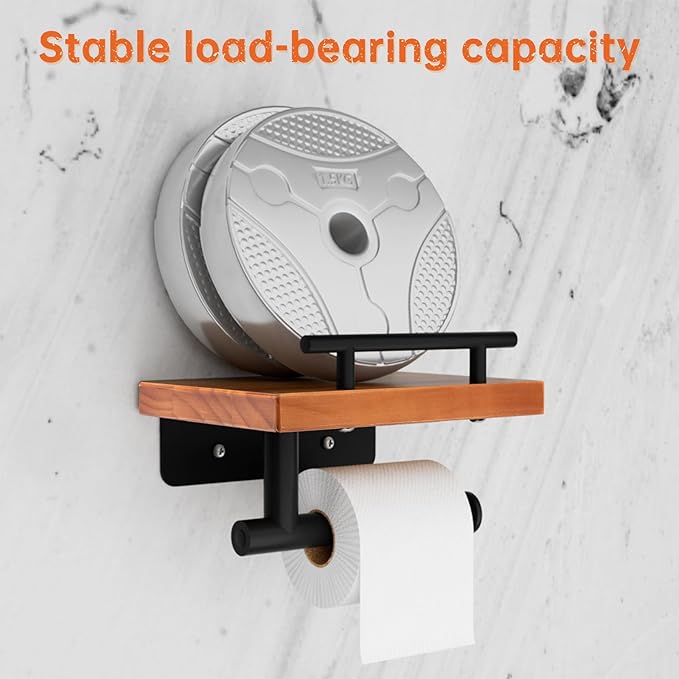 Toilet Paper Holder with Wood Shelf, Wall Mount Toilet Paper Roll Holder with Wooden Shelf and Matte Black Stainless Steel Pipe, Tissue Roll Holder for Bathroom Washroom (Light Brown, 7.9'' x 5.9'')