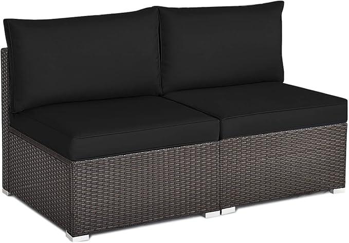 COSTWAY 2PCS PE Rattan Armless Sofa, Wicker Patio Conversation Set Chairs with Soft Cushion, Outdoor Sectional Furniture for Yard, Poolside (Black)