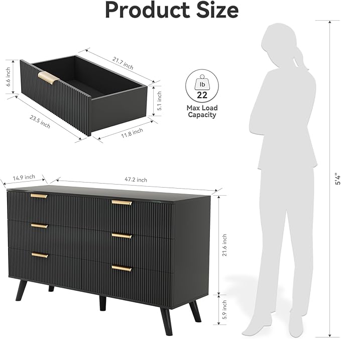Black Fluted 6 Drawer Dresser for Bedroom, Chest of Drawers with Solid Wood Legs, Modern Dresser Chest Cabinet Organizer with Golden Handles, Beside Table for Closet, Hallway, Bedroom