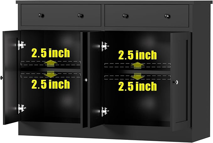 49" Black Buffet Cabinet with Doors & Drawers, Modern Kitchen Storage Sideboard, Coffee Bar Console for Dining Room, Living Room, Entryway