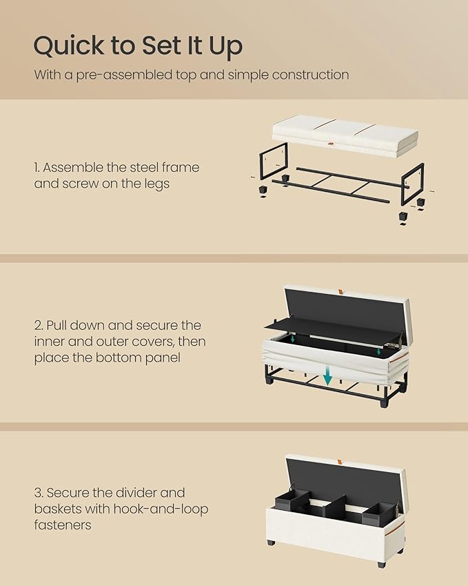 SONGMICS Storage Ottoman Bench, Storage Chest, 15.7 x 43.3 x 15.7 Inches, End of Bed Bench, 27 Gal. (103 L), for Bedroom, Entryway, Living Room, Cream White ULSF533W01