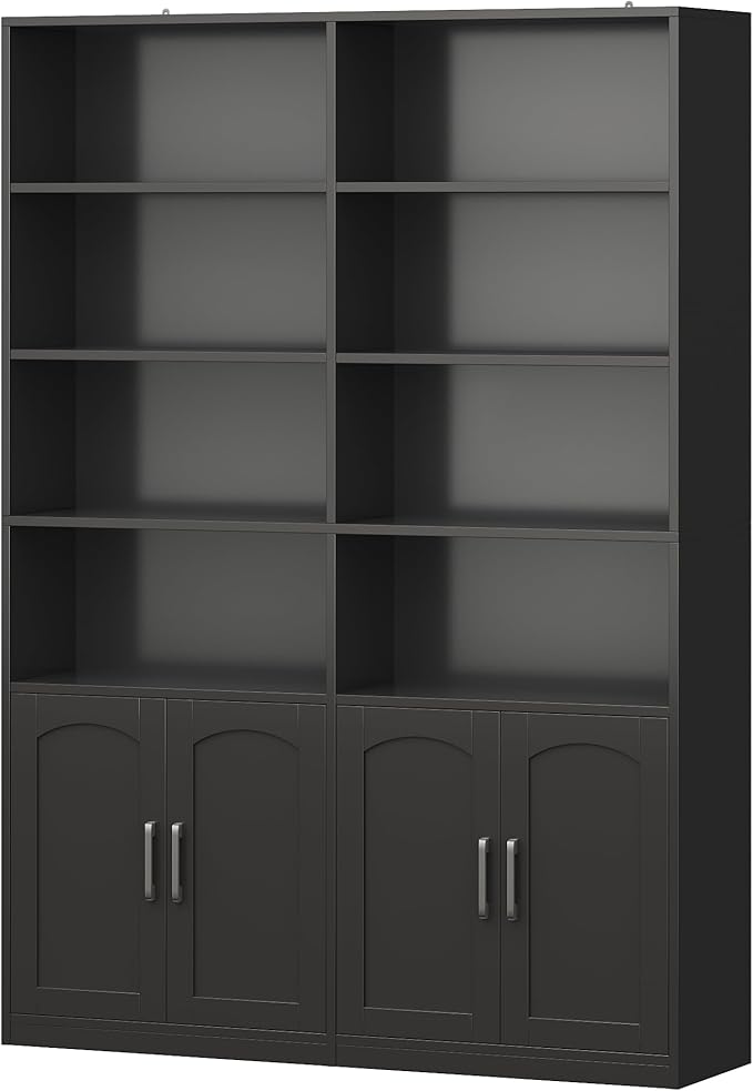 FACBOTALL Bookshelf and Bookcase with Doors, 6 Tier Double Wide Large Bookshelves, Open Display Shelves, 73'' Tall Bookshelf with Storage Cabinets for Home Office, Living Room, Library, Black